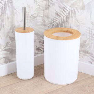 White toilet brush holder and waste bin with bamboo lids on bathroom floor