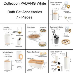 Diagram showing dimensions and features of the Padang White 7-piece bathroom accessory set