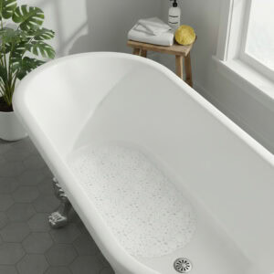 White pebbles bathtub mat in white tub