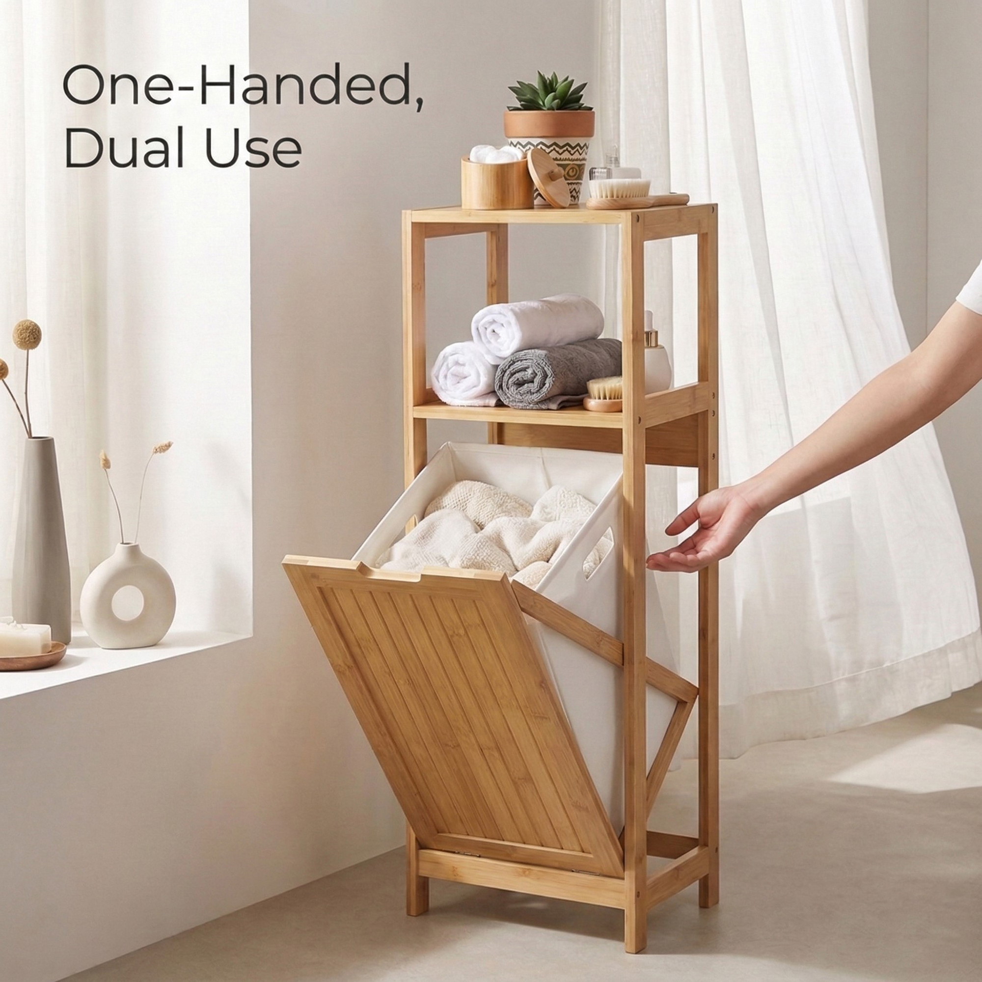 Hand opening tilt-out bamboo hamper door one-handed, cabinet shelves stocked with rolled towels and accessories