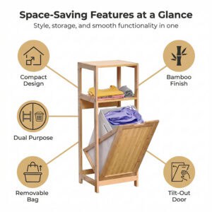 Feature callout graphic showing bamboo cabinet with open hamper highlighting compact design, bamboo finish, dual purpose, removable bag, and tilt-out door