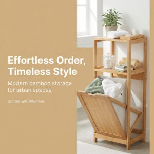 Bamboo laundry cabinet with open tilt-out hamper and shelves holding towels and bathroom accessories, with lifestyle text overlay