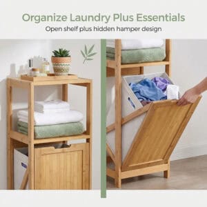 Split image showing bamboo cabinet closed with folded towels on shelves, and open with hand pulling out fabric hamper bag filled with laundry