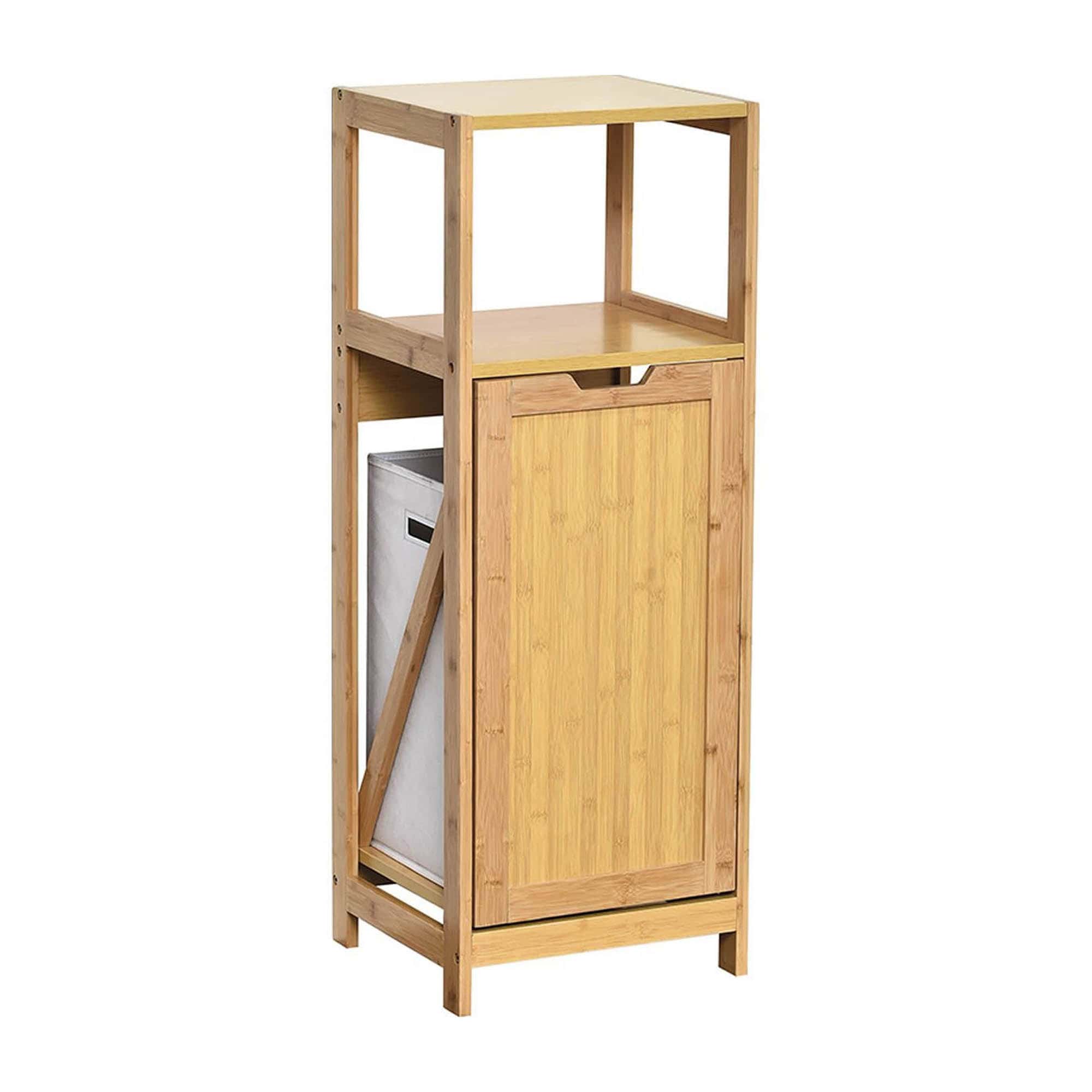 Bamboo Cabinet with Removable Hamper – A front view of a bamboo laundry cabinet featuring an open shelf and a pull-out hamper for easy laundry storage.