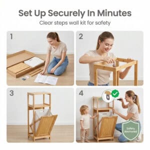 Four-step assembly infographic showing woman building a bamboo laundry cabinet with wall-anchoring safety kit