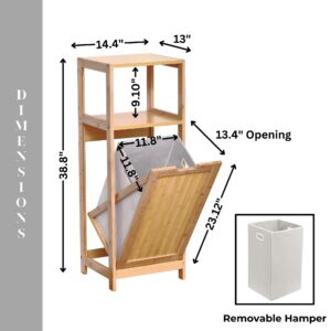 Bamboo laundry cabinet with tilt-out hamper shown open, labeled dimensions and removable fabric hamper bag