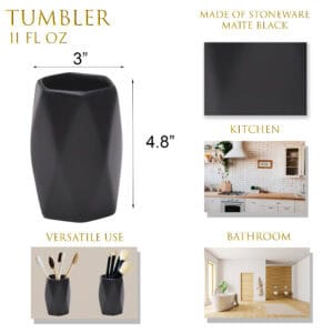 Matte black stoneware tumbler with dimensions infographic
