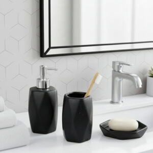 Matte black bathroom accessory set with tumbler soap dispenser soap dish