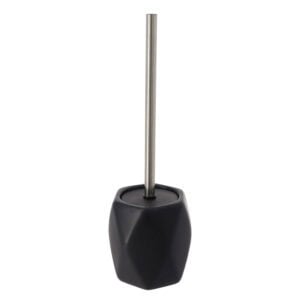 Black diamond-shaped stoneware toilet brush holder with stainless steel handle on white background