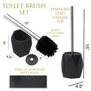 Product diagram showing black diamond stoneware toilet brush set with dimensions and black replaceable brush head