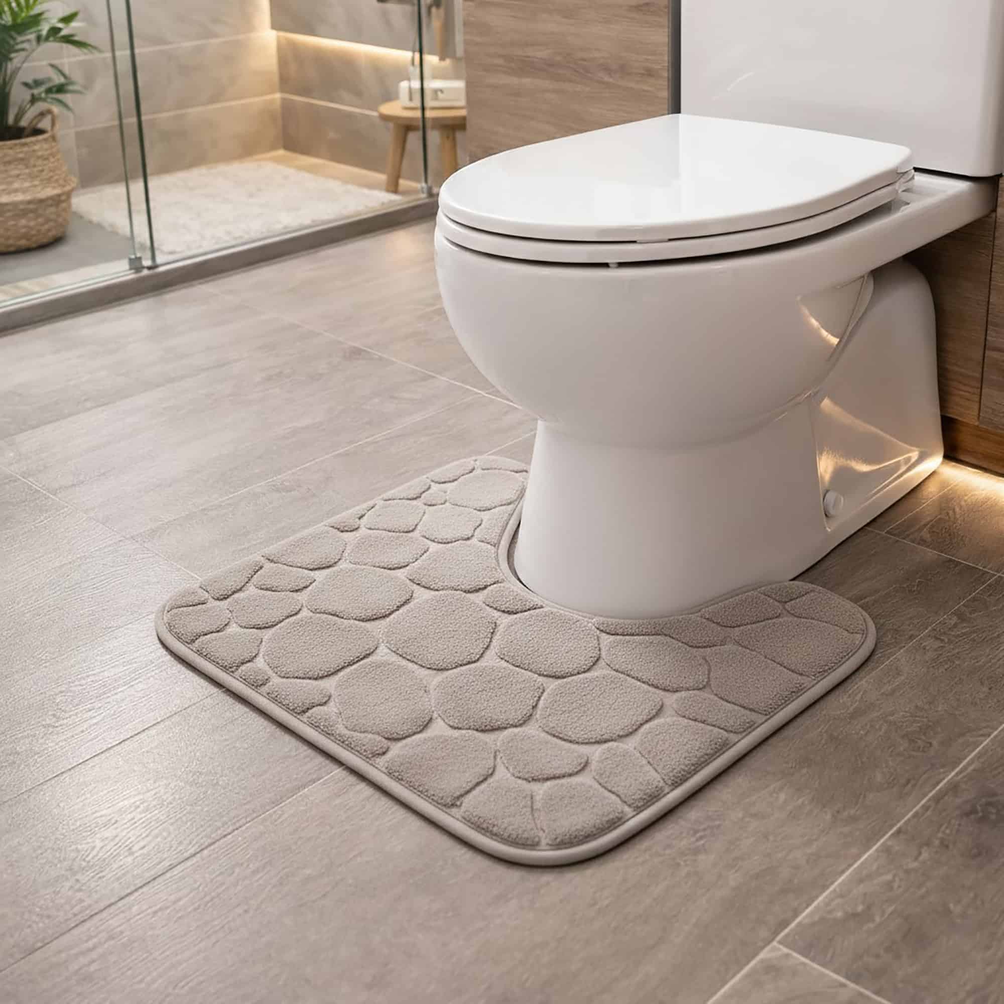 Taupe pebble-embossed memory foam contour mat around toilet, side-angle view in modern bathroom