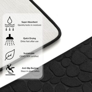 Black contour mat with overlay showing icons and features for super absorbent, quick drying, OEKO-TEX certified, and anti-slip backing