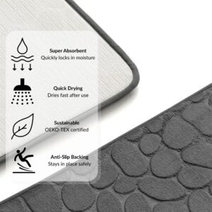 Dark gray contour mat with overlay showing icons and features for super absorbent, quick drying, OEKO-TEX certified, and anti-slip backing