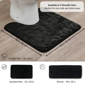 Black contour bath mat placed around toilet with labeled dimensions 18x20 in and visual icons for additional runner and standard mat options