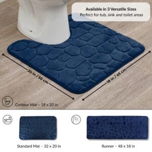 Navy blue contour bath mat placed around toilet with labeled dimensions 18x20 in and visual icons for additional runner and standard mat options