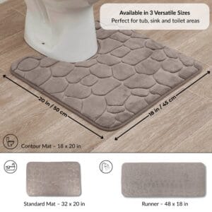Taupe contour bath mat placed around toilet with labeled dimensions 18x20 in and visual icons for additional runner and standard mat options