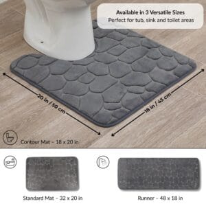 Dark gray contour bath mat placed around toilet with labeled dimensions 18x20 in and visual icons for additional runner and standard mat options