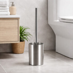 Brushed aluminum toilet brush with chrome handle beside white toilet in modern bathroom