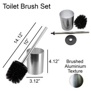 Product diagram showing brushed aluminum toilet brush set with dimensions and component parts