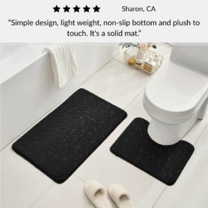 Black contour and standard memory foam mats with pebble design positioned around toilet with slippers and customer review overlay