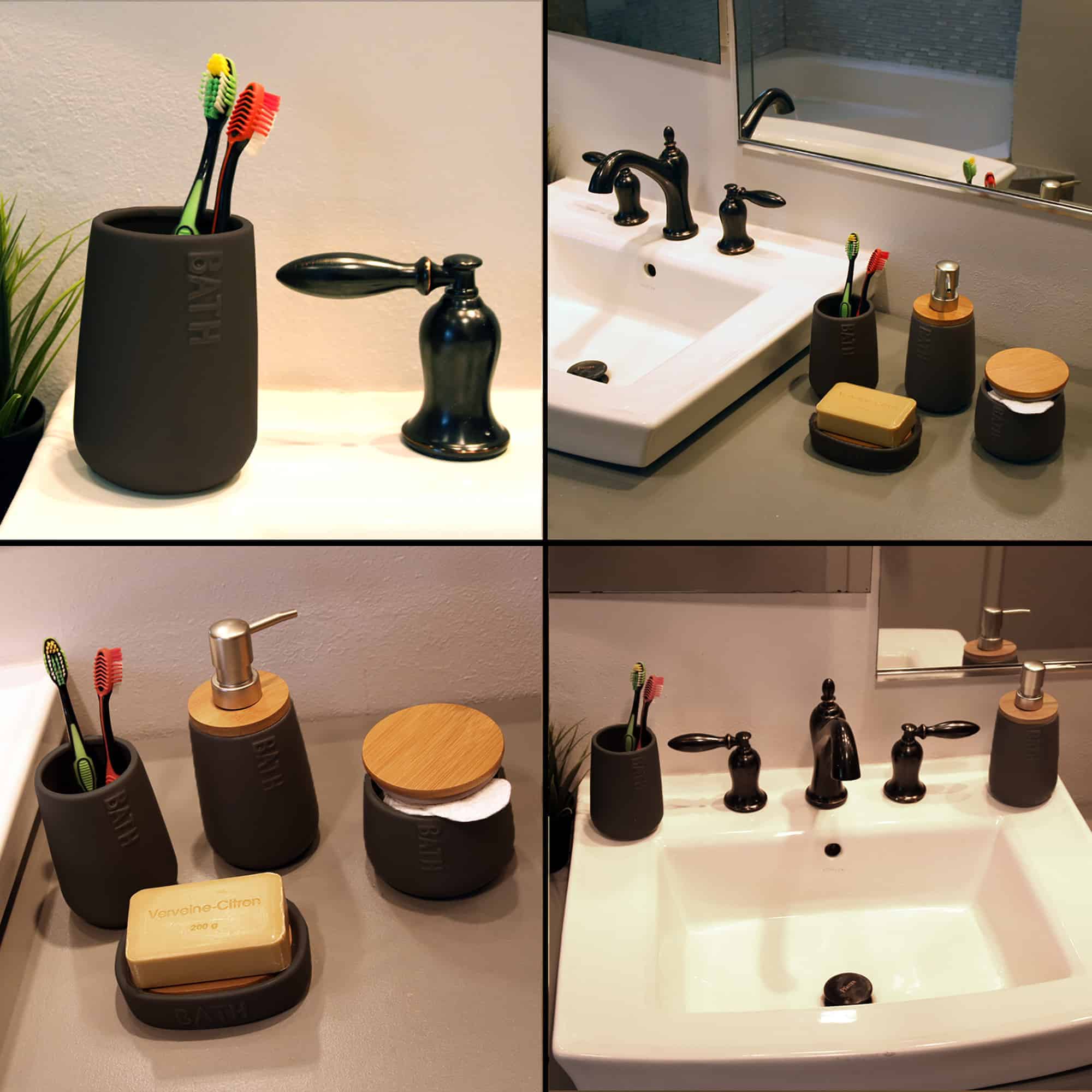 Bath D Dolomite Round Toilet Bowl Brush and Holder Black-Bamboo Top