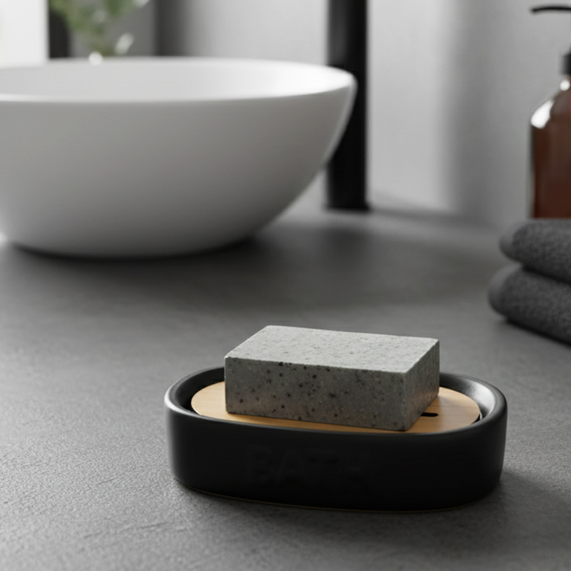 Soap bar on bamboo tray inside black soap dish