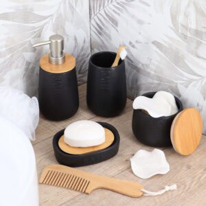 Black bathroom accessory set with bamboo soap dish and holders