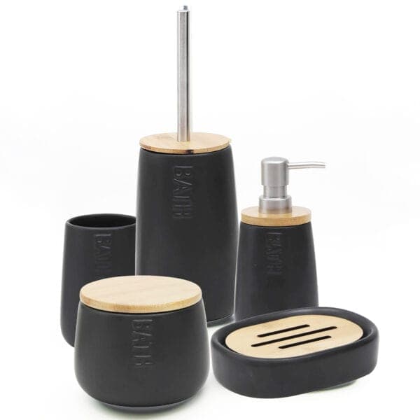 Bath Accessory Set Black and Bamboo 5 pieces