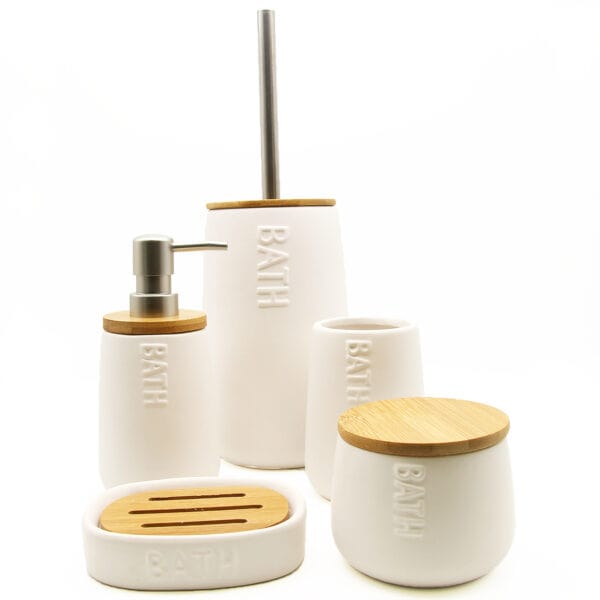 Bath Accessory Set White and Bamboo 5 pieces