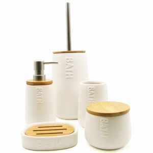 Bath Accessory Set White and Bamboo 5 pieces