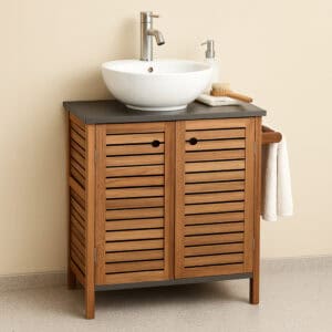 “Wood under-sink cabinet with grey top and vessel sink”
