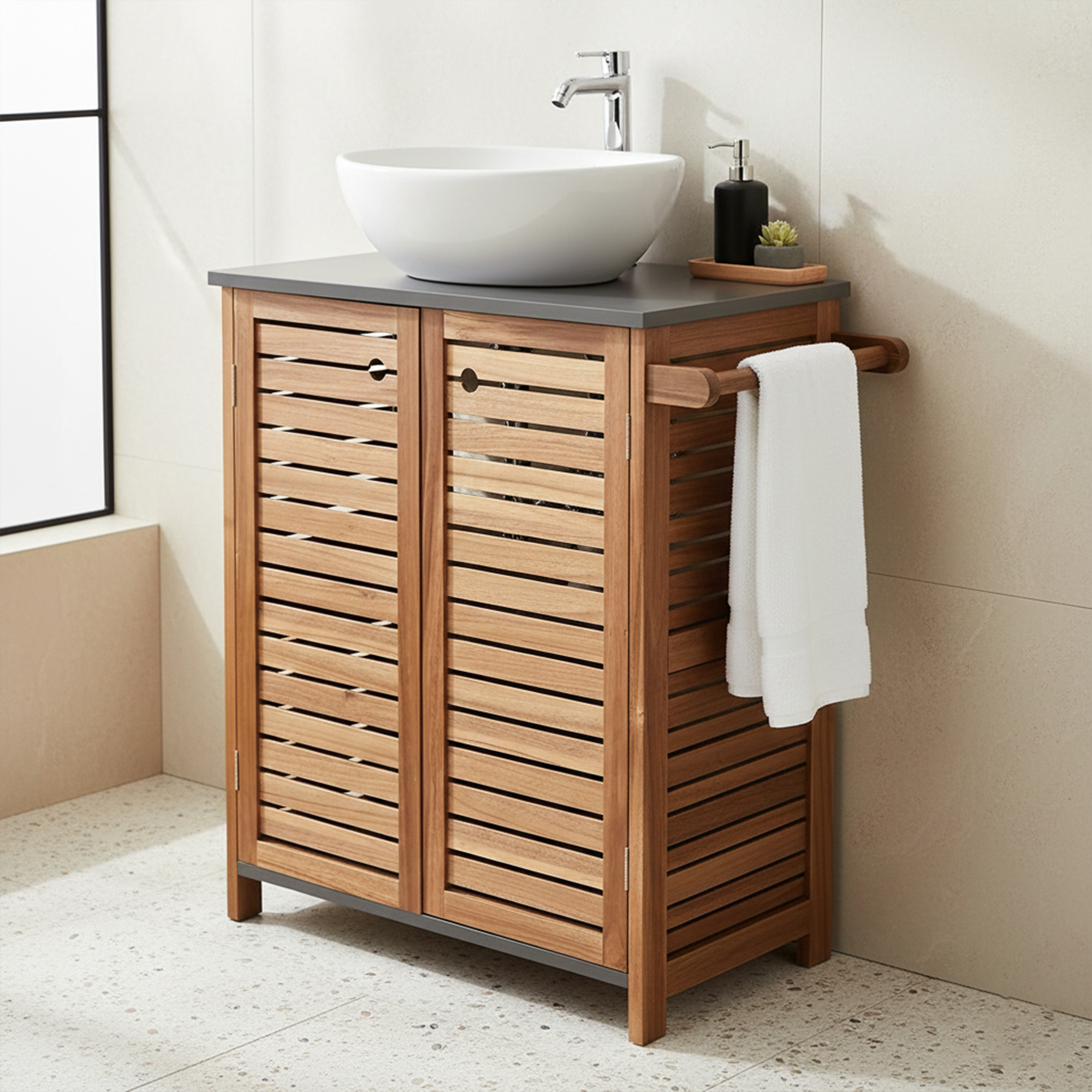 “Freestanding wood under-sink cabinet with towel bar and vessel sink”