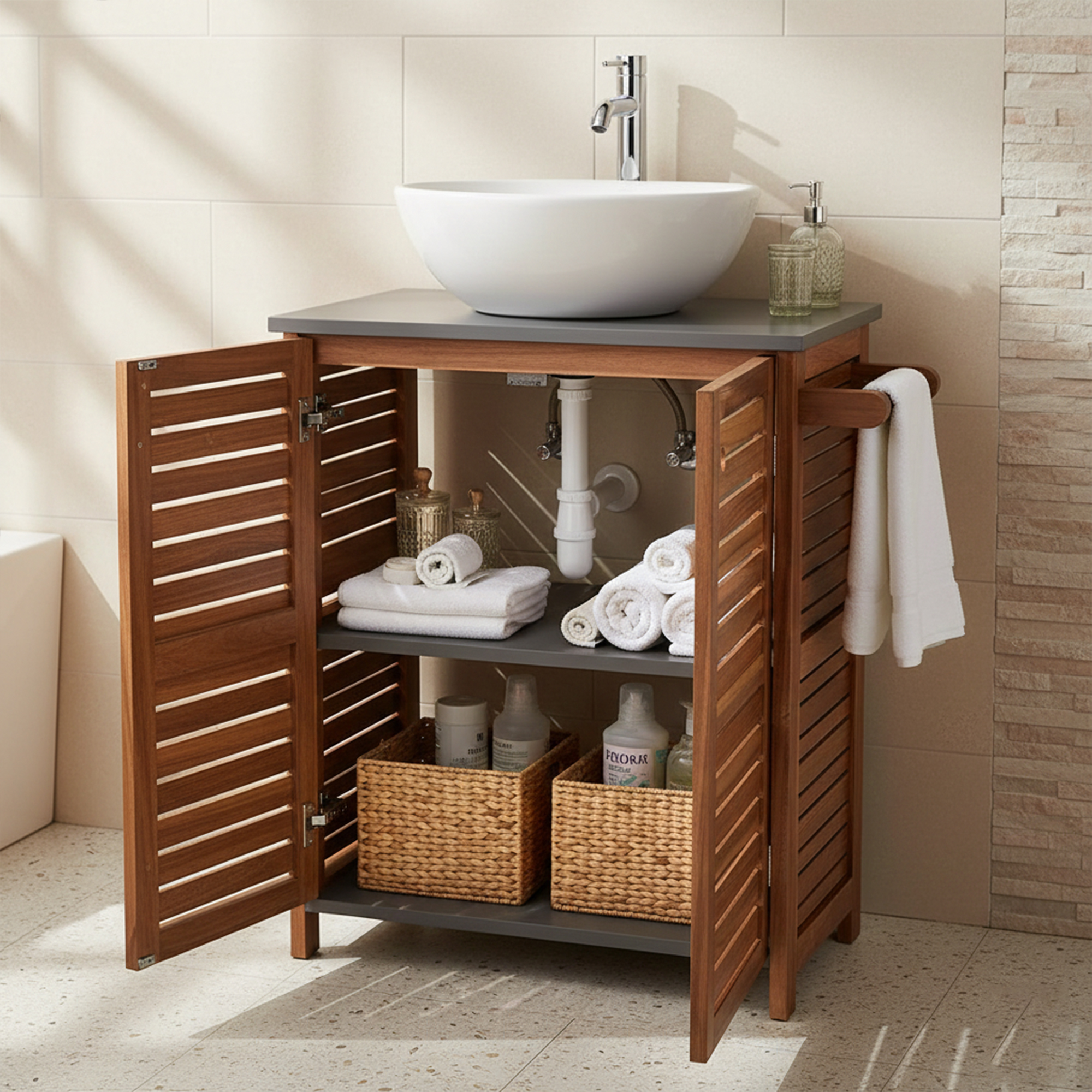 “Wood louvered under-sink cabinet open showing bathroom storage”