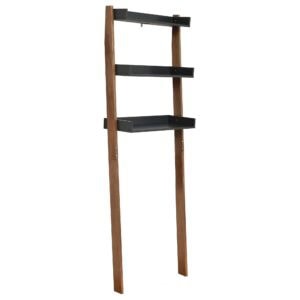 Freestanding Over-the-Toilet Storage Shelf with Gray Trays – Wooden ladder shelf with three gray storage trays for bathroom storage.