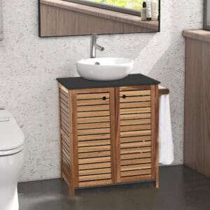 Bathroom Vanity Cabinet – Under sink cabinet with a gray countertop and vessel sink.