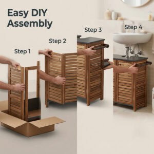 Four-step assembly infographic showing hands folding open an acacia wood slatted under-sink vanity cabinet from a box, ending with it placed under a pedestal sink