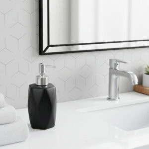 Matte black stoneware soap dispenser on bathroom sink countertop