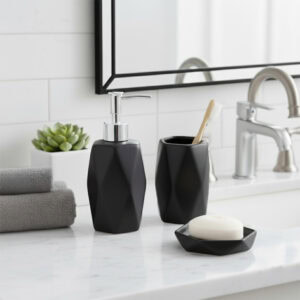 Matte black bathroom accessory set with soap dispenser tumbler and soap dish