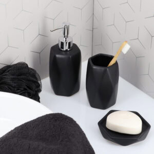 Black bathroom accessories set with soap dispenser toothbrush holder and soap dish