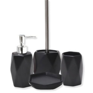 2. “Four-piece matte black diamond bath set with dispenser, brush holder, tumbler, and soap dish”