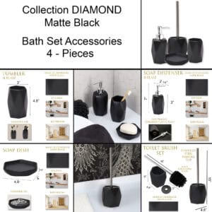 5. “Diamond Collection matte black bathroom accessory set infographic with measurements”