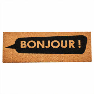 Bonjour long narrow coir door mat, black speech bubble with natural letters, 30 x 10 inch, white background