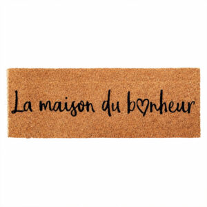 La Maison du Bonheur 30x10 coir door mat, natural tan with black script and a heart
