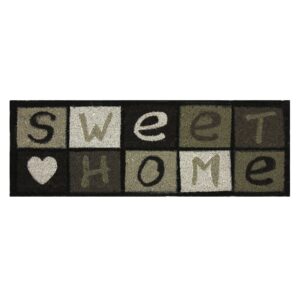 Sweet Home 30x10 coir door mat, black with gray, green and ecru letter blocks and a heart