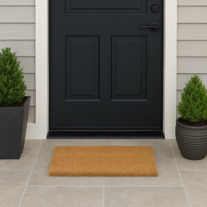 Natural coco coir door mat on gray tile porch in front of black entry door