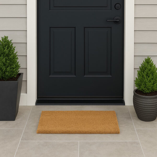 Natural coco coir door mat on gray tile porch in front of black entry door