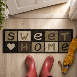 Sweet Home coir door mat on a wood entry floor with red rain boots and a yellow umbrella