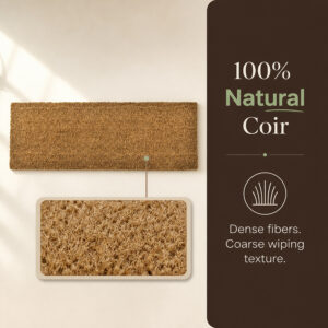 Close-up of dense natural coconut coir fibers on a long front door mat showing coarse wiping texture