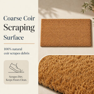 Close-up of coarse coir fibers on natural welcome mat that scrape dirt from shoes