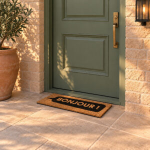 Bonjour coir door mat in front of a green front door on a covered porch with a potted olive tree